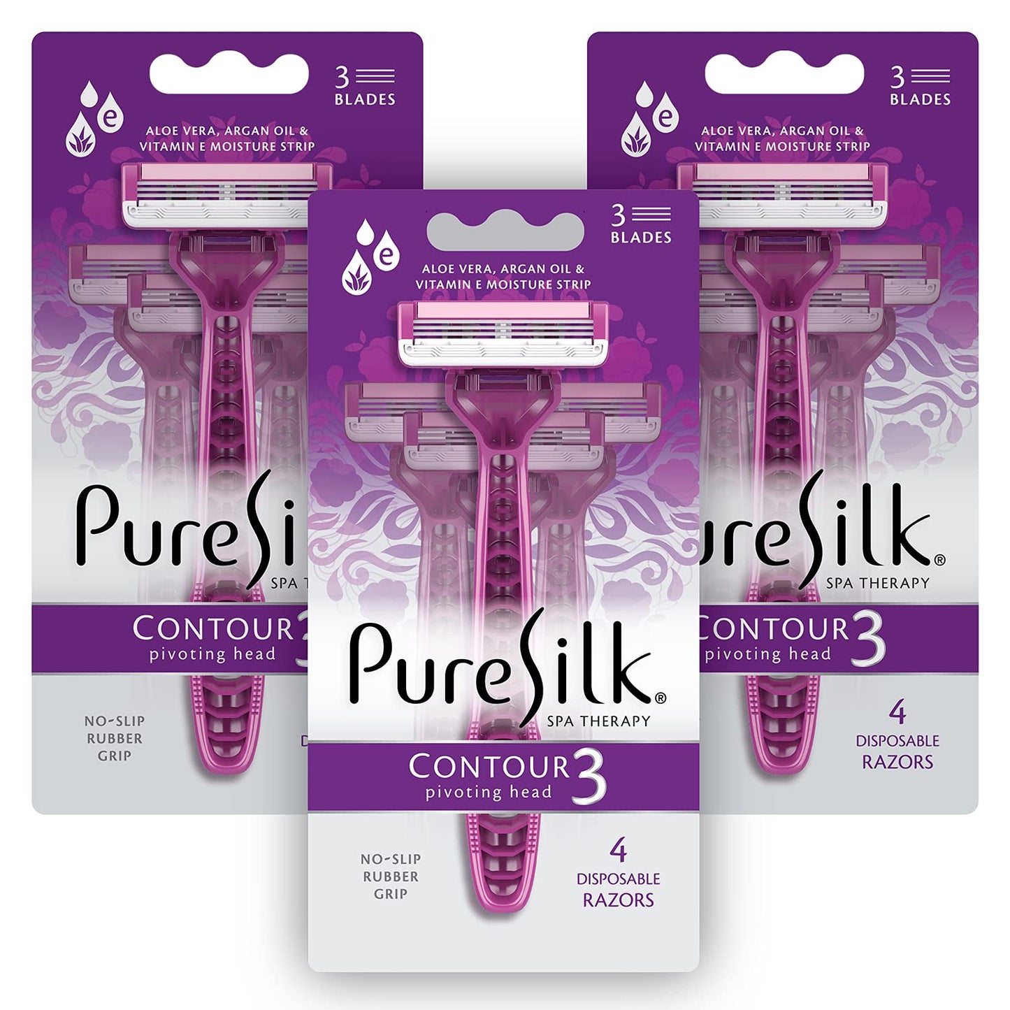 Pure Silk Contour 3 Disposable Razors for Women | 3-Blade Premium Razor Value Pack | Pivoting Head, Dual Moisture Bars Infused with Aloe, Vitamin E, Argan Oil | 3 Packs (9 Total Razors)