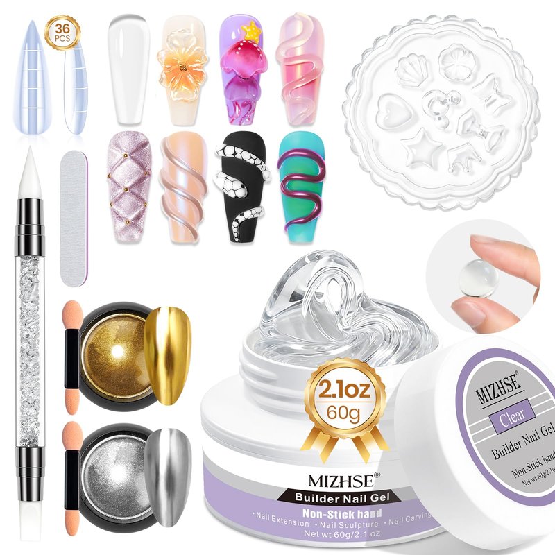 MIZHSE 3D Gel Nail Art Sculpting Gel, Solid Builder Gels for Nails 60g Large Capacity 3D Sculpting Non-Sticky Carving U V/LED Extension Hard Gels with 3D Mold for Nail Art Salon Home DIY