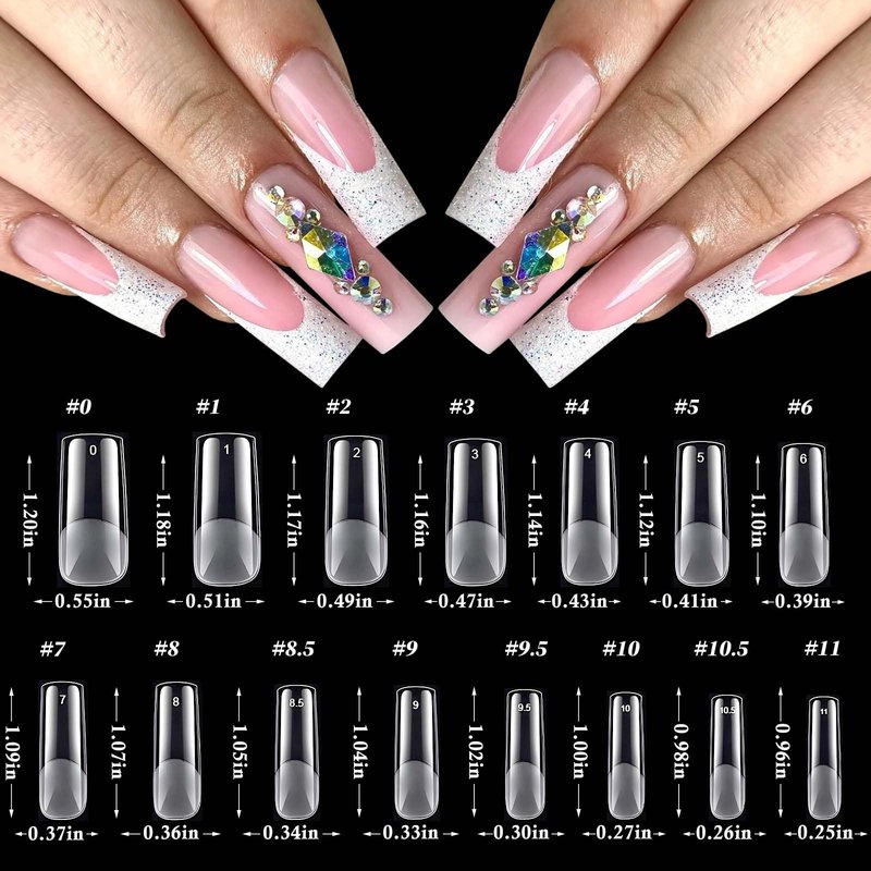 300pc Long Square Nail Tips, Soft Gel Nail Tip Square Long Fake Nails Artificial Fingernail, 15 Sizes Full Cover Clear Press on Nail Acrylic Nails Tips for Nail Extensions, Press on Nails Making