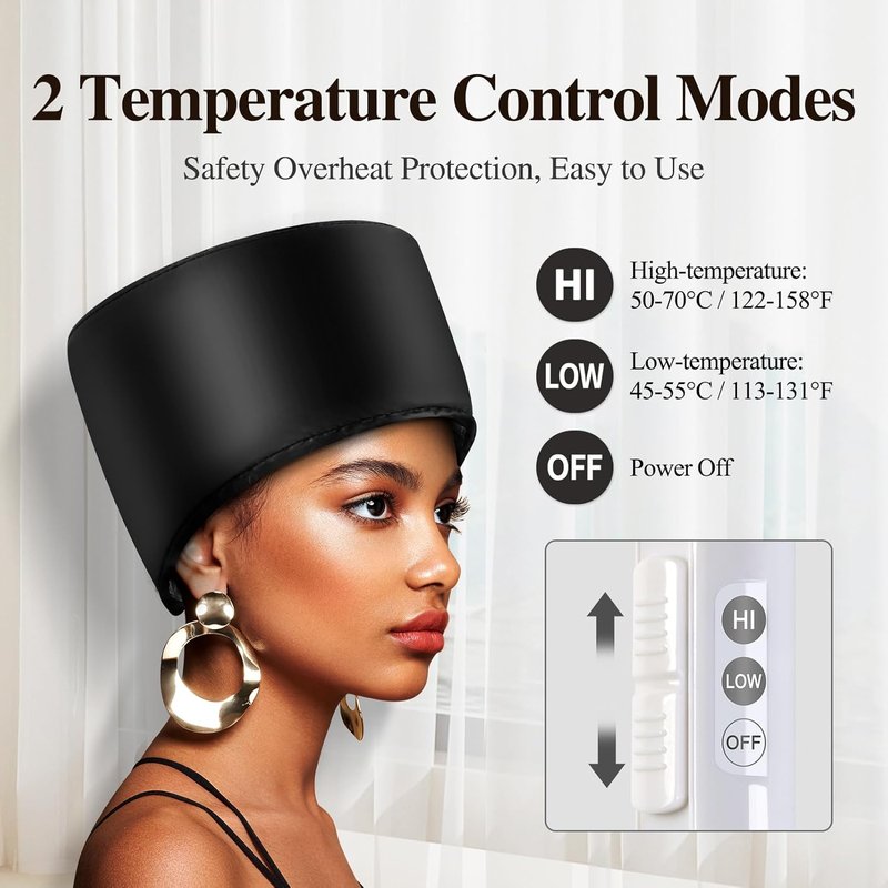 Heated Electric Thermal Steamer Cap | Deep Conditioning Hat for Natural Black Afro Hair - Temperature Control - Black
