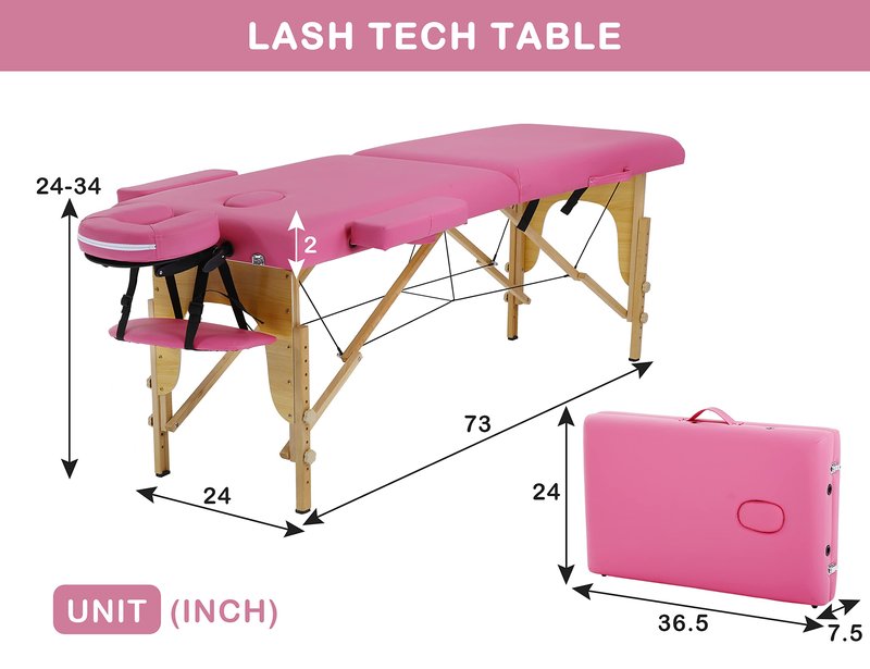 24 In Wide Massage Tables Portable Lash Bed 73 inch Tattoo Table, Height Adjustable Portable Spa Bed, 2 Folding Chiropractic Table w/Carry Case/Face Cradle/Hand Pallet for Travel Physical Therapist