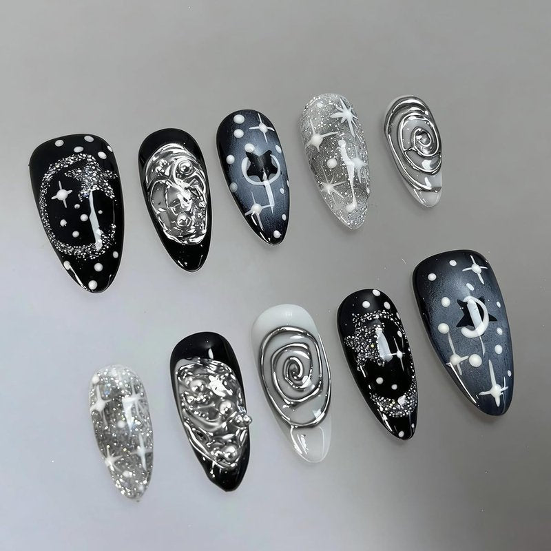 30Pcs Black Press-On Nails - Medium Almond 3D Silver Metal Swirl & Glitter Design | Reusable Glossy False Nails for Parties & Daily Wear