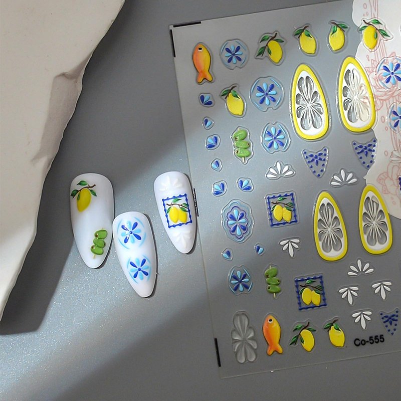 Bohemian Nail Art Stickers 5D Embossed Lemon Fruit Small Fish DIY Nail Design Stickers 2Pcs Self Adhesive Boho Style Blue Floral Nail Decals for Women Summer Vacation Manicure Decoration