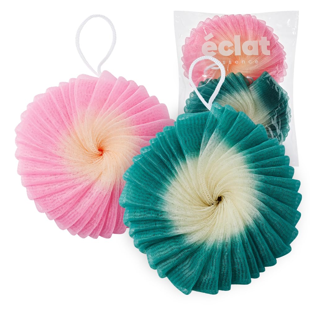 Éclat Mesh Bath Sponge Loofah Ball, Soft Exfoliating Body Scrubber for Wash, Rich-Lather Nylon Net Puff with Quick-Dry Hanging Loop, Gentle Daily Cleanser (Pink/Green, 2Pcs)