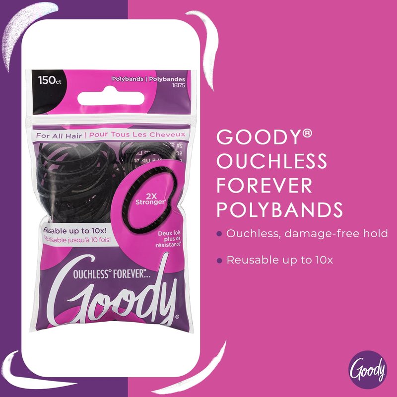 Goody Ouchless Womens Polyband Elastic Hair Tie, 150 Count, Black, Fine Hair Accessories, Style with Ease and Keep Your Hair Secured, Perfect for Fun and Unique Hairstyles, Pain-Free