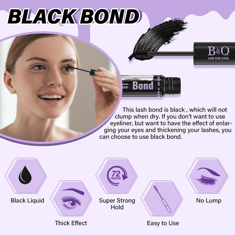 B&Qaugen Lash Bond and Seal Waterproof 10ML Eyelash Bond and Seal Lash Glue for Lash Clusters 72 Hours Black Lash Glue and Bond Super Strong Lash Extension Bond and Seal Long Lasting (NewST-HEI New)