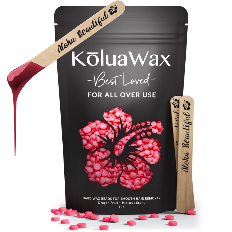 KoluaWax Hard Wax Beads for Hair Removal – Coarse Hair Formula – Face, Brazilian, Underarm, Back Chest, Bikini Waxing – Dragon Fruit & Hibiscus, 1lb Refill for Wax Warmers & 10 Applicator Sticks