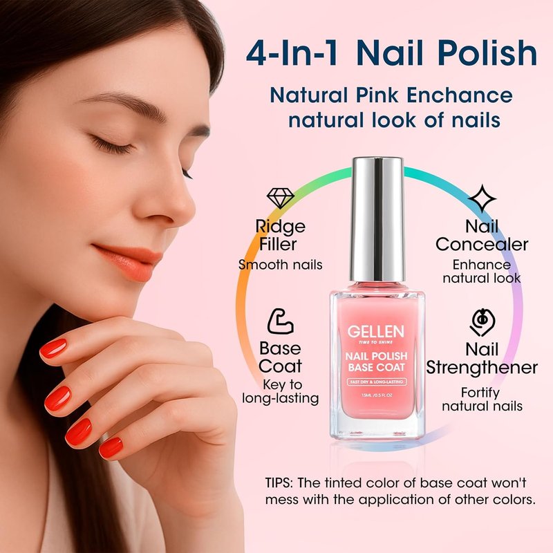 GELLEN Clear Nail Polish | Sheer Pink Tinted Base & No Wipe Top Coat for Strengthening Natural Nails