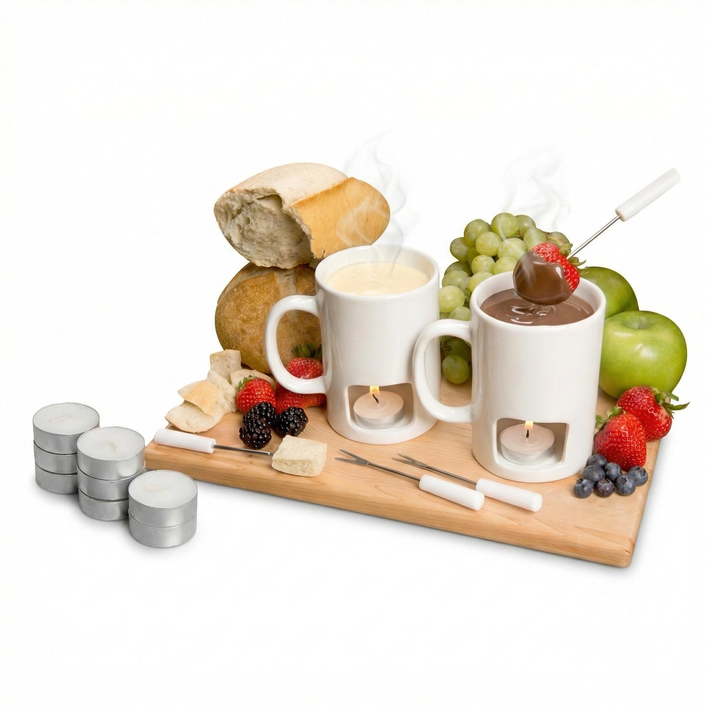 Evelots Mini Fondue Pot Set - 2 Pack Ceramic Fondue Mugs for Chocolate, Cheese and Candy with 4 Forks and 8 Candles - Mothers Day Gifts for Mom, Romantic Date Night Gift - White
