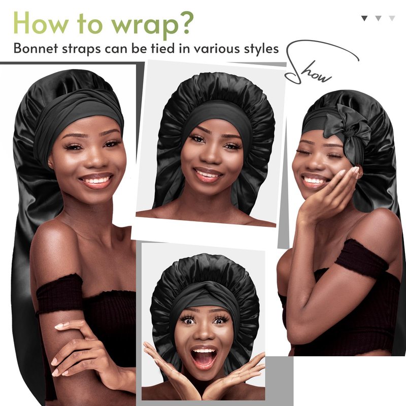 BONNET QUEEN Braid Bonnet Silk Bonnet Foldable Extra Long Wrap for Braids Satin Bonnets with Tie Band Long Sleep Cap, Black
