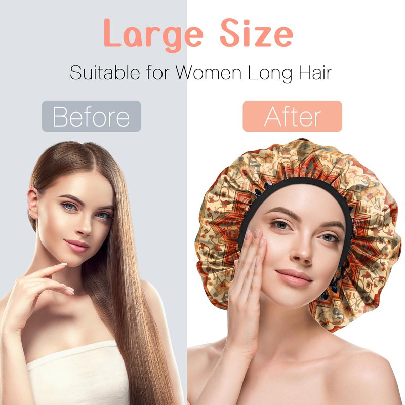 BHAHB Luxury Shower Cap Reusable Terry Cloth Lined EVA Triple Waterproof Layer Elastic Hair Bath Caps for Women Girls Cute-Boho 2