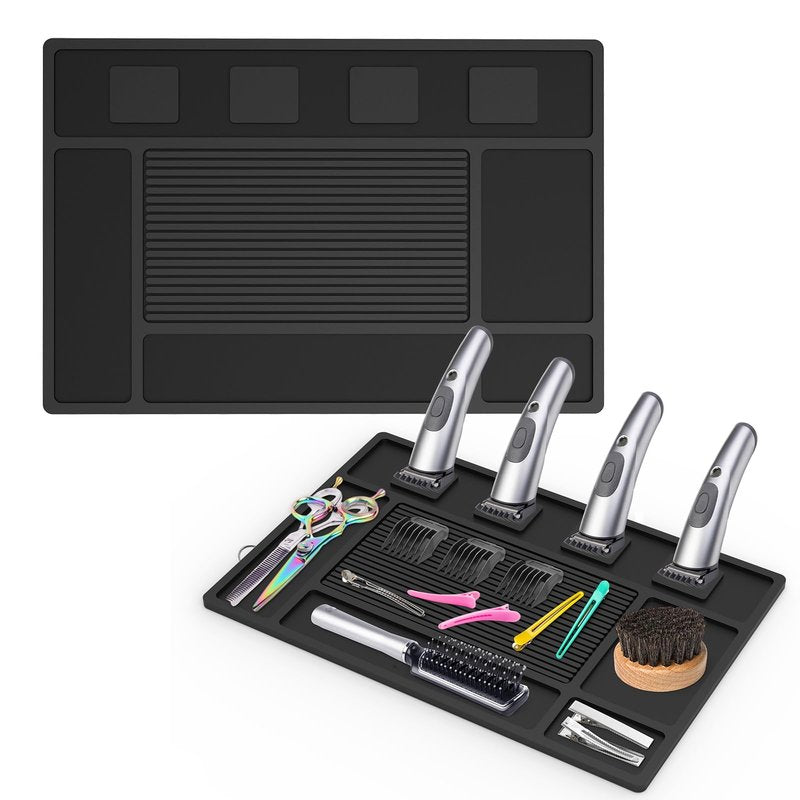 Magnetic Barber Mat for Clippers,Station Barber Tool Organizer Mat Rubber for Scissors Salon Barber shop Beauty Tools with 4 Slots Flexible Silicone Barber Pad Non-Slip Professional Barber Accessories