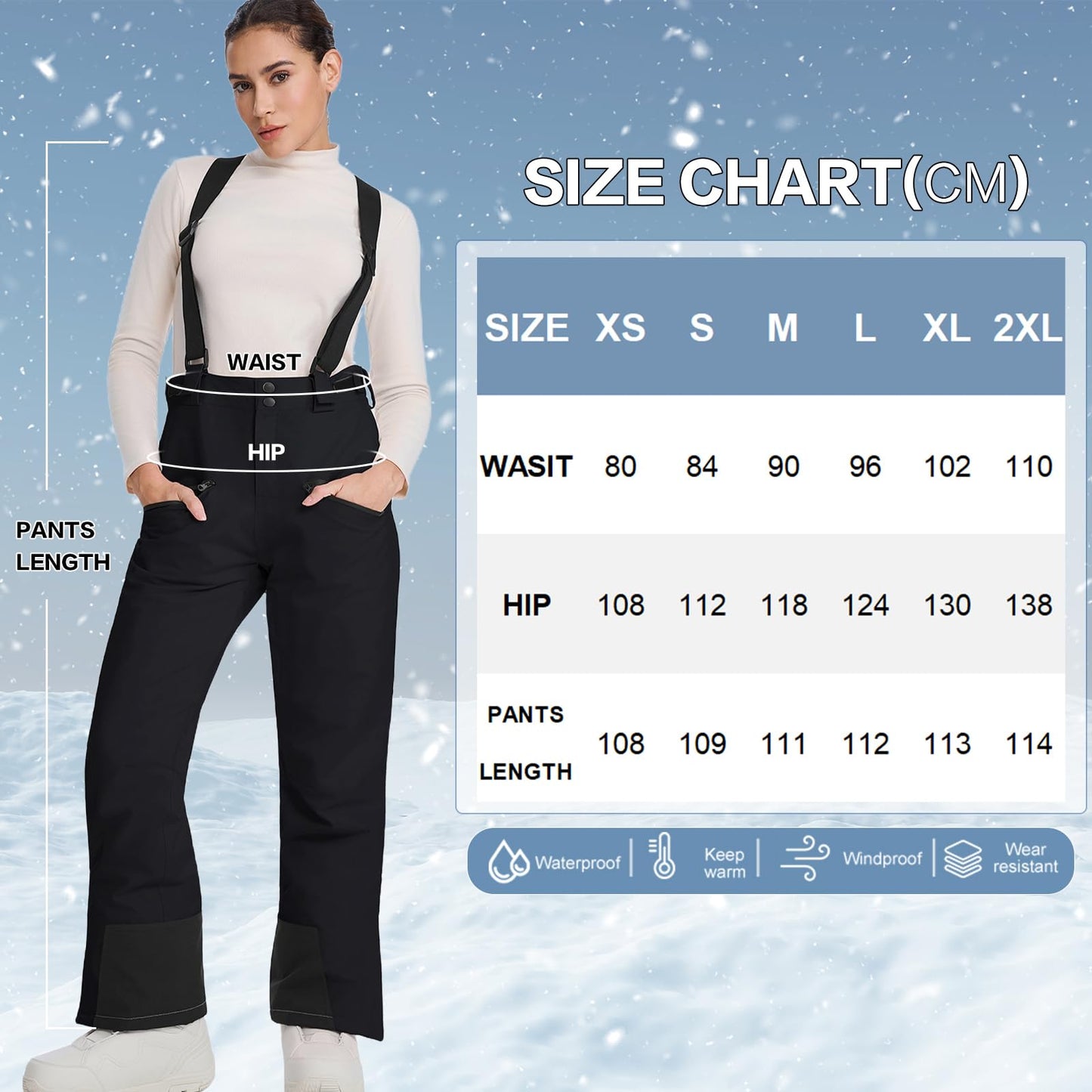 SnowElve Womens Ski Pants Insulated Snow Pants Waterproof Winter Outdoor Hiking Pants Adjustable Waist Snowboard Pant(TY-2021-2,Black,S)