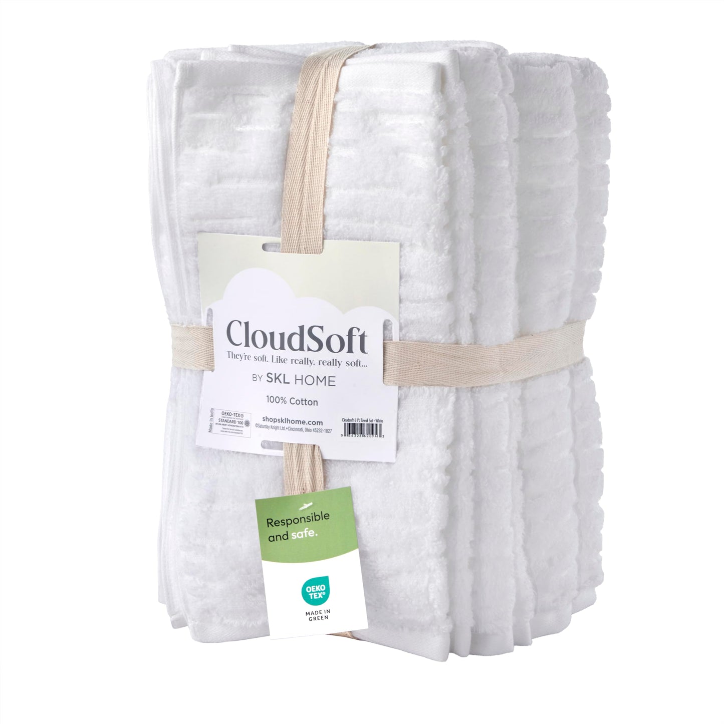 SKL Home CloudSoft 100% Cotton Luxury 6-Piece Towel Set, 600 GSM, Ultra Plush & Absorbent - 2 Bath Towels, 2 Hand Towels, 2 Washcloths, White