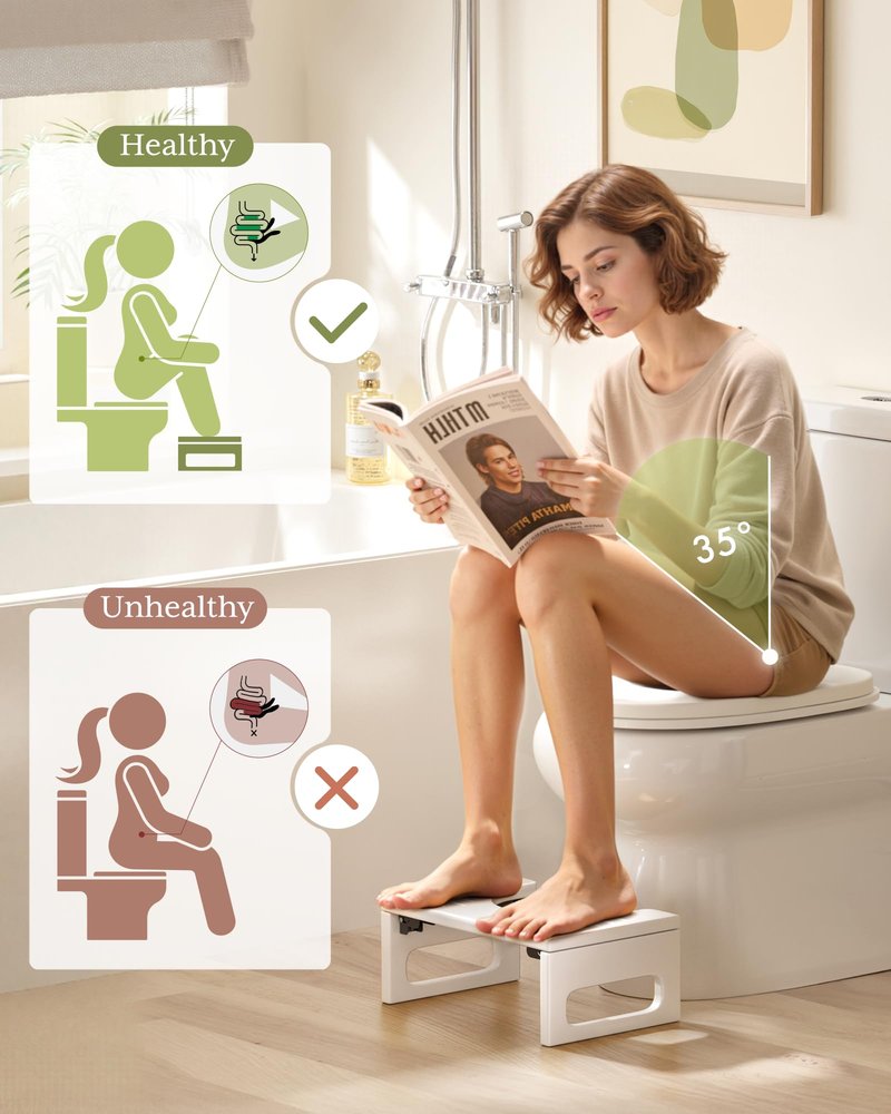 AmazerBath 7 Inches Bamboo Toilet Stool Squat for Adults, Foldable Poop Stool for Bathroom, 0.79" Thickness Potty Step Stool with Non-Slip Strip, No Assembly Required, Space-Saving, White