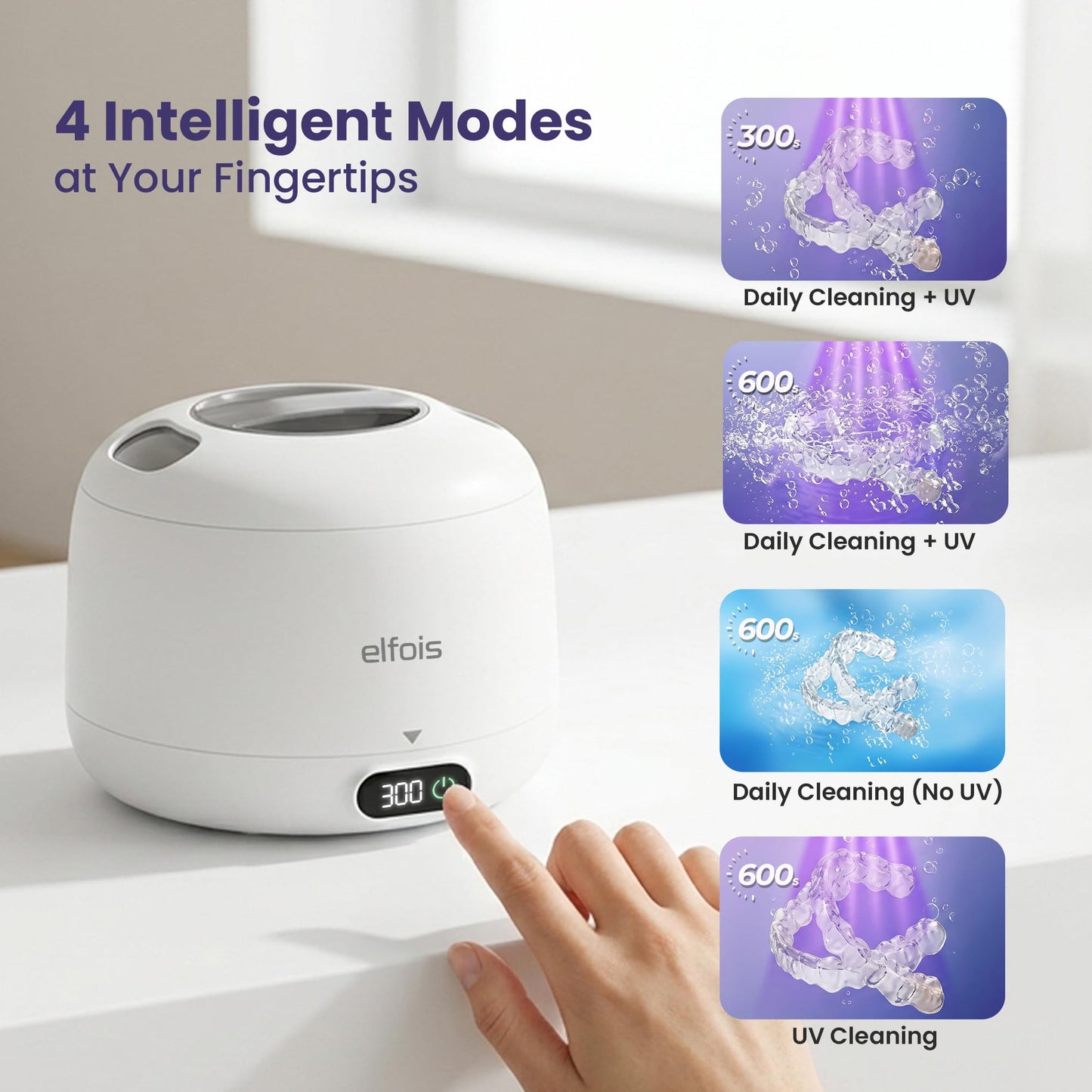 ELFOIS Premium Ultrasonic Retainer Cleaner Machine with UV — 45kHz Durable Dental Pod, 4 Cleaning Modes, Detachable Design for Invisalign, Aligners, Night Guards, Mouth Guards and Dentures