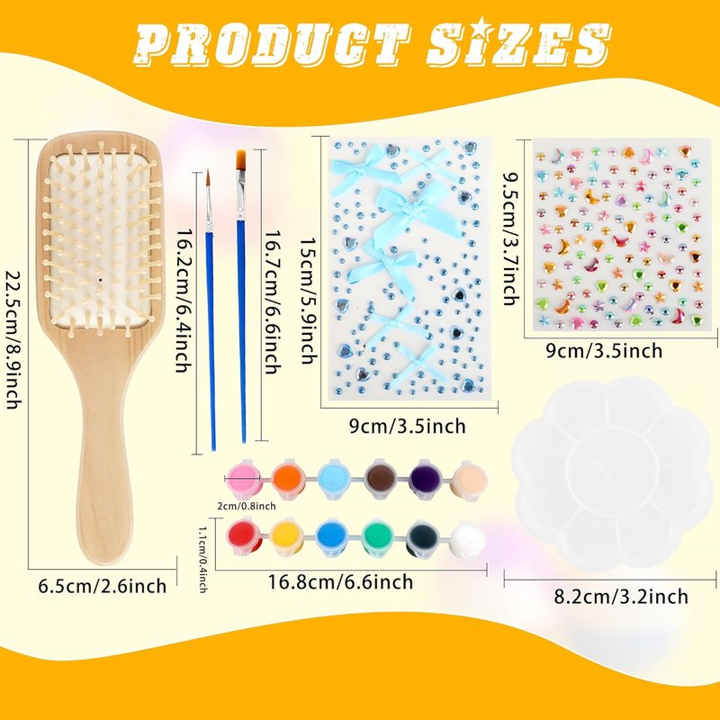 DIY Wooden Hairbrush Painting Kits - Natural Wood Paddle Brush with Stickers for Arts & Crafts | 8 Sets for Girls