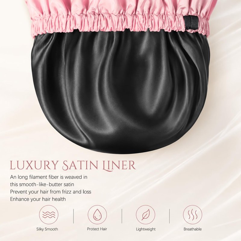 Satin Lined Shower Cap for Women, Waterproof Double Layer Shower Cap for Curly Long Thick Hair, Extra Large Reusable Bath Cap, Anti-Frizz Hair Protection Keeps Hair Dry