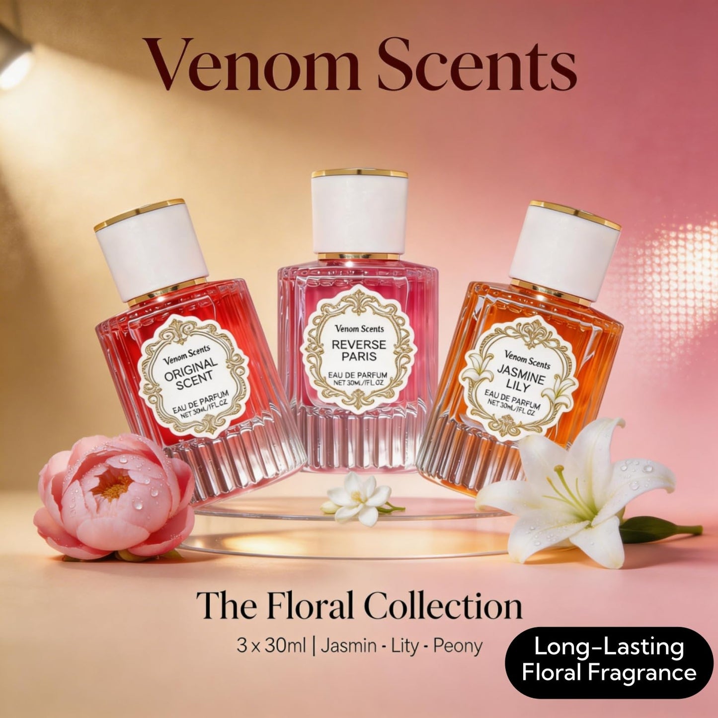Venom Scents 3PCS Pheromones for Women, Jasmine Lily & Peony Long-Lasting Floral Perfume Collection (30ml Each)