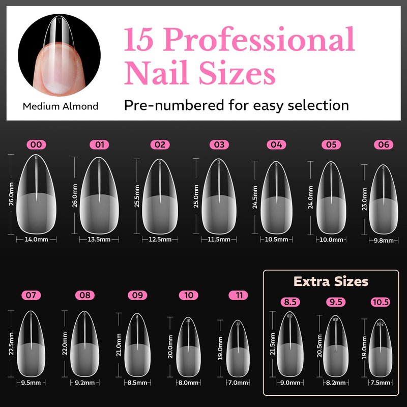 AZUREBEAUTY Medium Almond Nail Tips 600pcs 15 Size, Pre Etched Soft Gel Nail Tips Acrylic Fake Nails Half Matte Full Cover Clear Press On False Nail Extensions for DIY Manicure at Home Nail Art