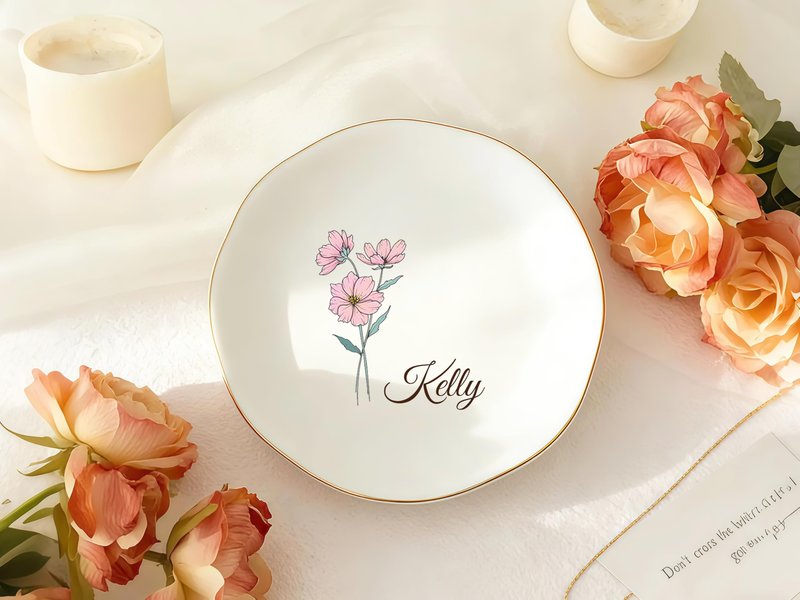 KeenlyMade Custom Ceramic Ring Dish, Personalized Jewelry Tray with Name Birthday Flower, Earrings Necklaces Bracelet Watch Keys Trinket Holder, Mothers Day Bridesmaid Bestie Gift for Women