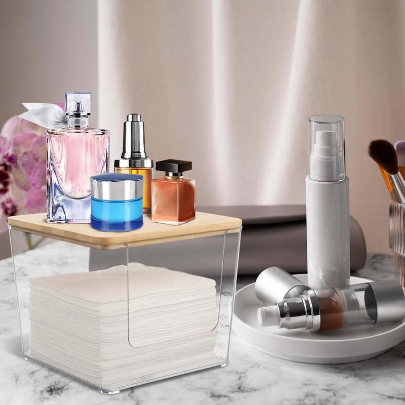 Rainmae Acrylic Face Towel Holder - XL Tissue Storage Box with Bamboo Lid for Bathroom Vanity