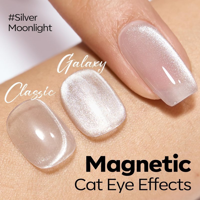 modelones Silver Cat Eye Gel Nail Polish Kit Jelly Pink White Sheer Nude French Gel Polish Set, Magnet Tools Pearl Chrome Powder Flatback Rhinestones Pearls, 4 Colors Gel Mini Salon Gift for Women
