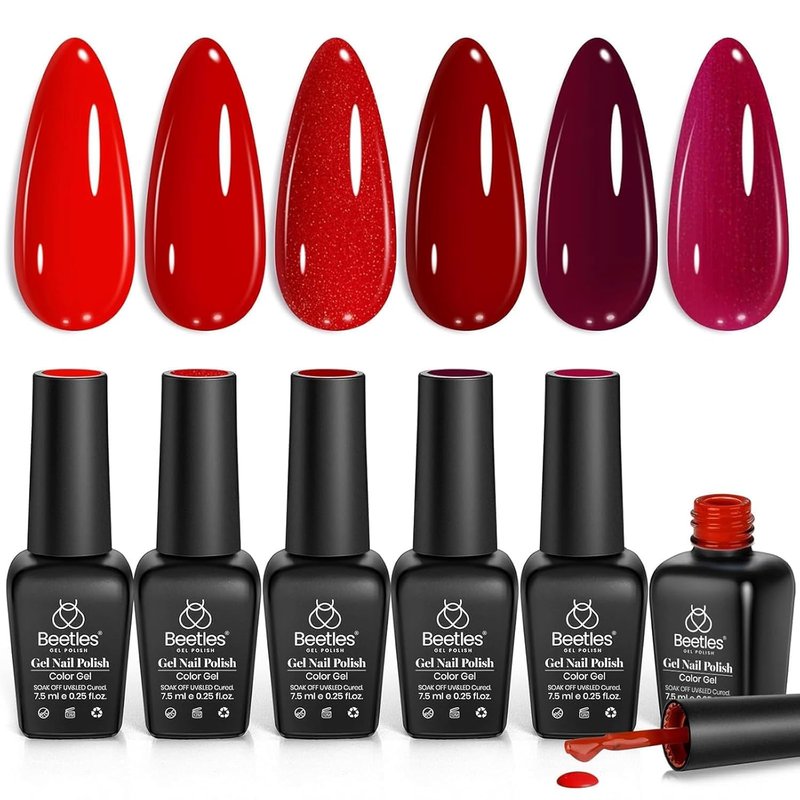 Beetles Red Gel Polish Set - 6 Vibrant Shades for Stunning Nail Art | Soak Off UV/LED Kit for DIY Home Salon