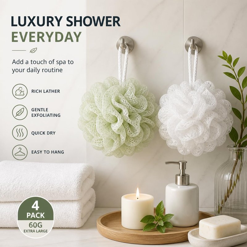 ADFOS Bath Sponge Loofah Pack of 4 Extra Large 60g Mesh Shower Pouf Set, Soft Exfoliating Body Scrubber, Rich Lather for Women & Men, Quick Dry Shower Accessories, PE Material