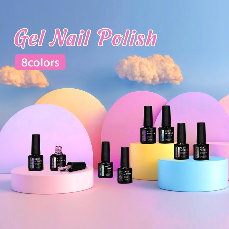 MEET ACROSS Glitter Gel Nail Polish Set for Nails 8 Colors Including Sparkly Shiny UV LED Soak Off Black Purple Pink Blue Gel Polish Kit Home DIY Manicure Nail Salon Varnish