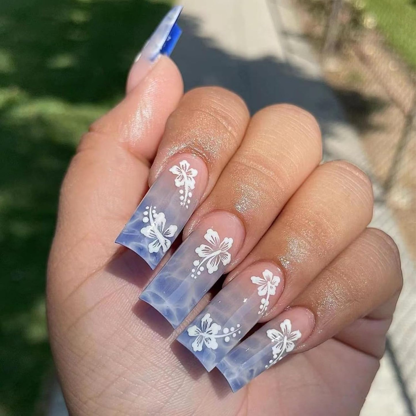 Square Press On Nails - Long Flower Gradient Design | Blue Full Cover Acrylic False Nails, 24pcs