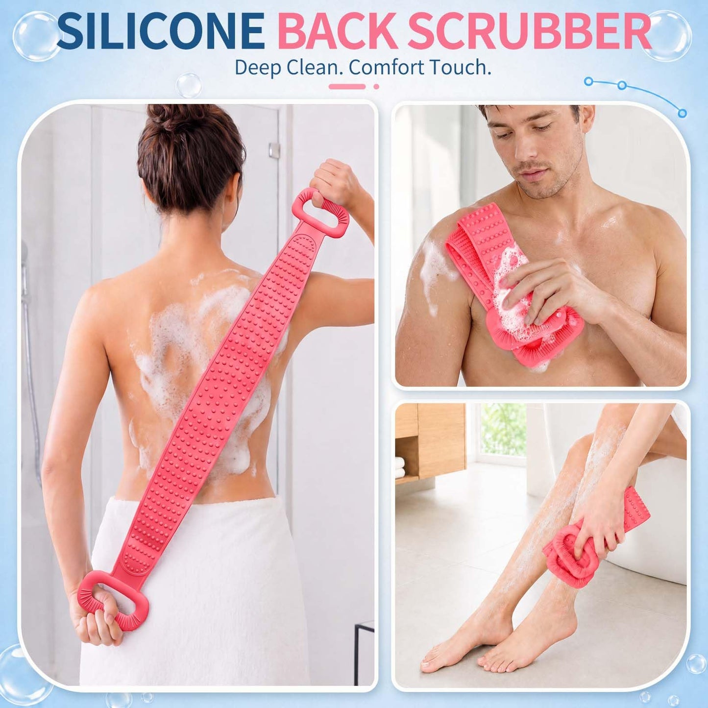 Manmihealth Silicone Back Scrubber for Shower, 36'' Extendable Back Washer with Long Strap Handle, Dual-Sided Silicone Body Brush for Men and Women (Gray+Pink)