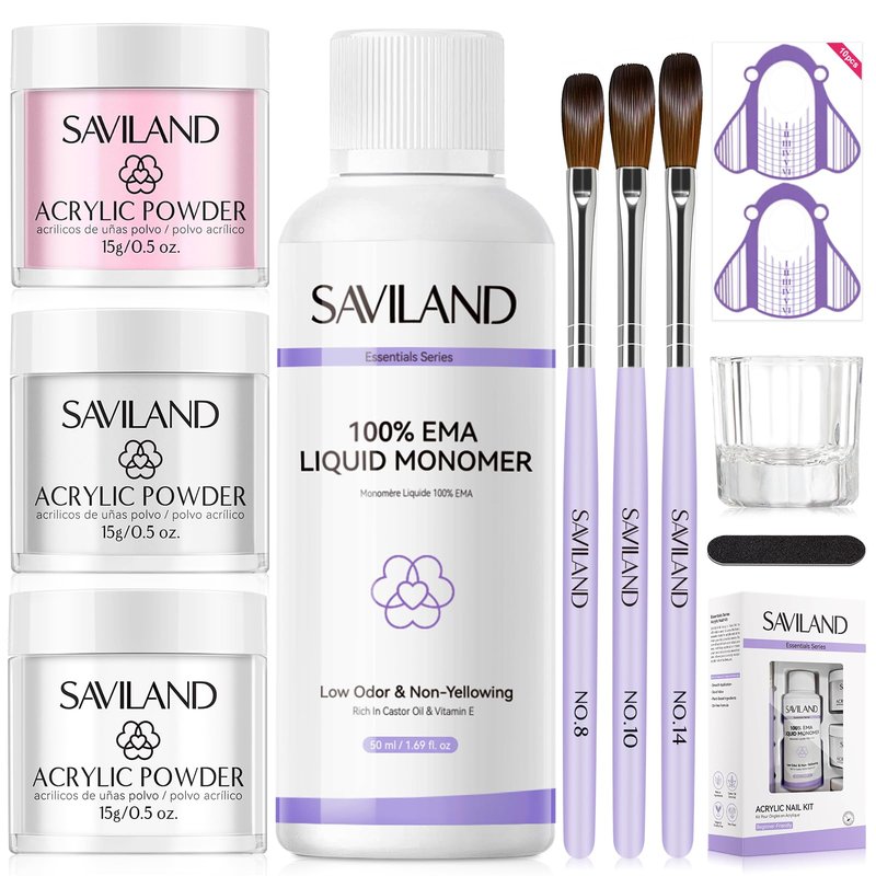 SAVILAND Acrylic Nail Kit for Beginners: 15g Clear White Pink Acrylic Nail Powder and Liquid Set with Size 8,10,14 Brushes, Forms & Tools for Extensions, 3D Sculpting, DIY Salon Manicure Supplies