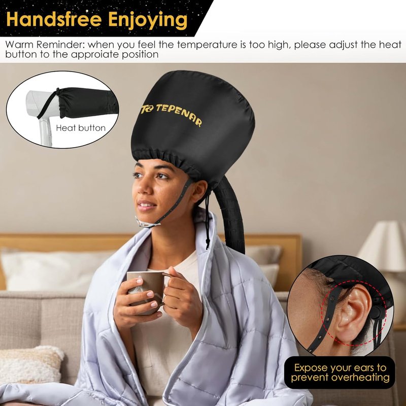 Bonnet Hair Dryer Attachment - Large Black, Soft & Adjustable for Fast Drying Natural Curly Hair | Home Use