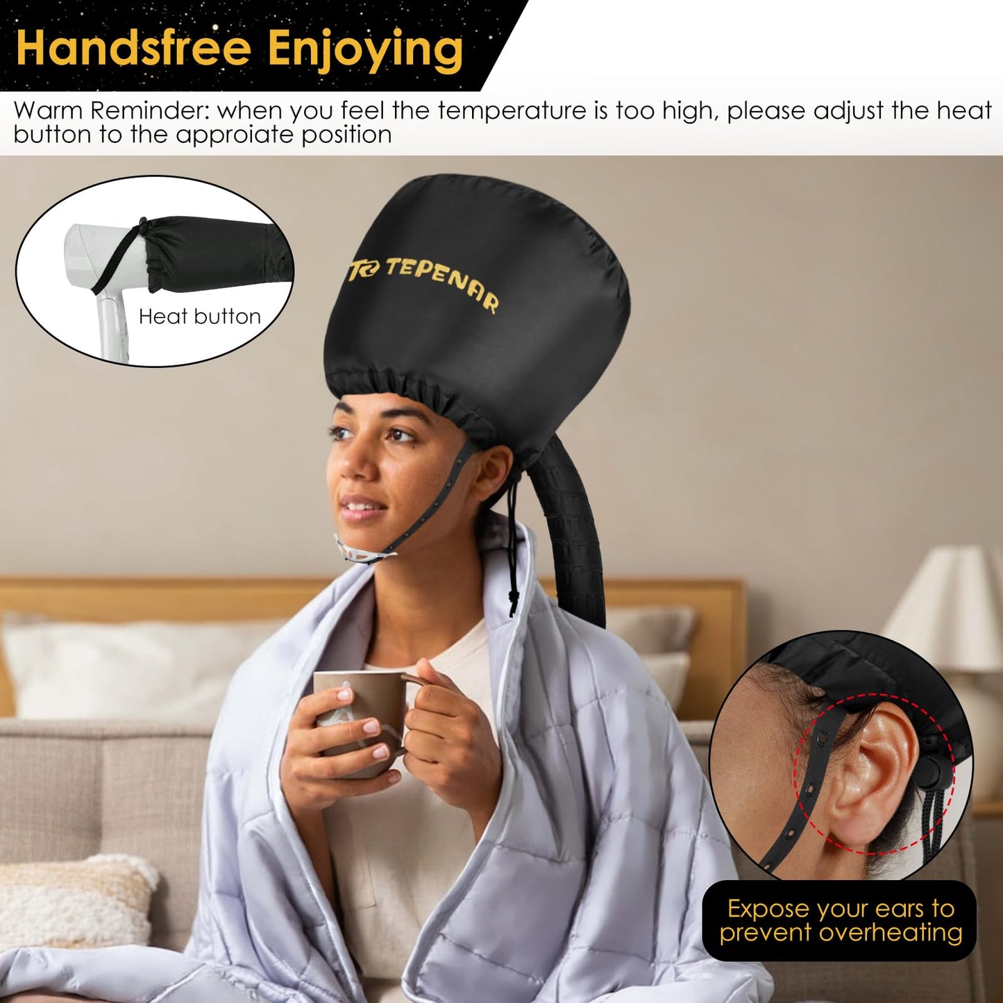 TEPENAR Bonnet Hair Dryer Attachment, Large - Black, Upgraded Soft Adjustable for Hand Held Hair Dryer, Fast Drying, Ideal for Natural Curly Textured Hair Care and Speeds Up Drying Time at Home