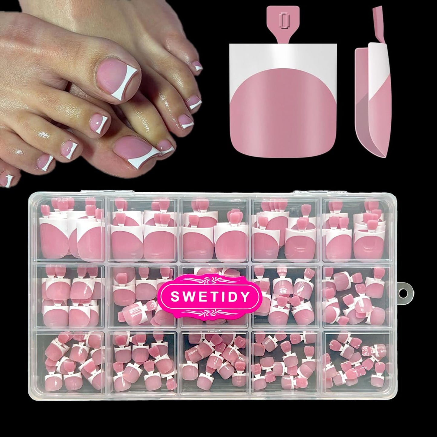 Toe Press On Nails - French Tips Soft Gel Full Cover Acrylic | 150pcs Berry Pink, 15 Sizes