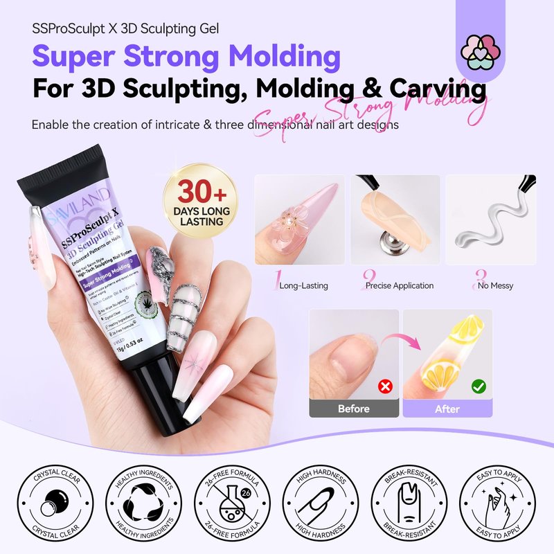 SAVILAND Clear 3D Nail Gel Kit: 15g No Wipe 3D Sculpting Gel with Metallic Gold Silver Chrome Powder for Nail Art Carving, Molding & Painting Home DIY Salon Manicure Supplies