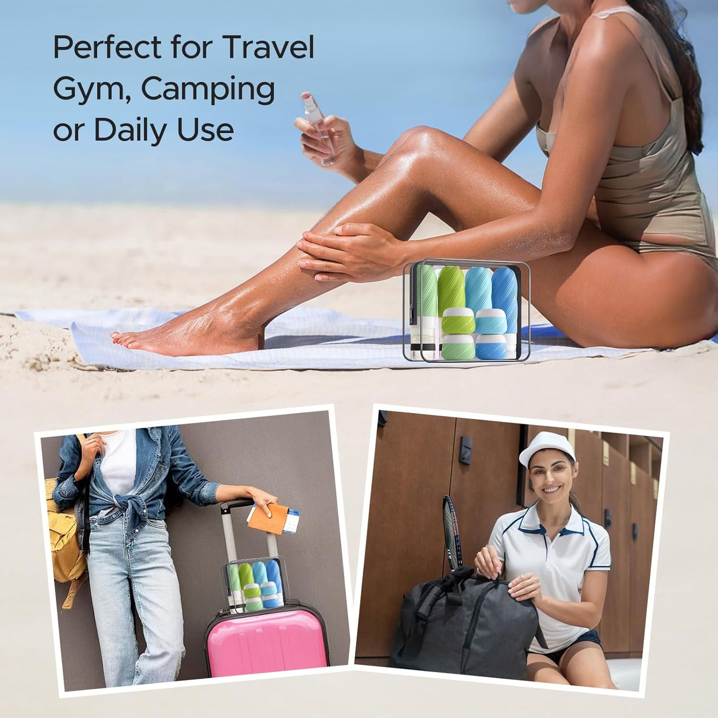 Travel Bottles Set - 23 Pack TSA Approved Leak Proof Containers | Silicone Squeezable Toiletry Kit in Clear Bag, Blue