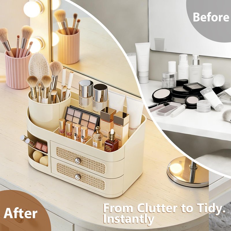 Hoiwio Makeup Organizer for Vanity with 360° Rotating Removable Brush Holder - Bathroom Countertop Dresser Organization, Beauty Cosmetic Storage with Drawer for Skincare, Perfumes, Lipsticks