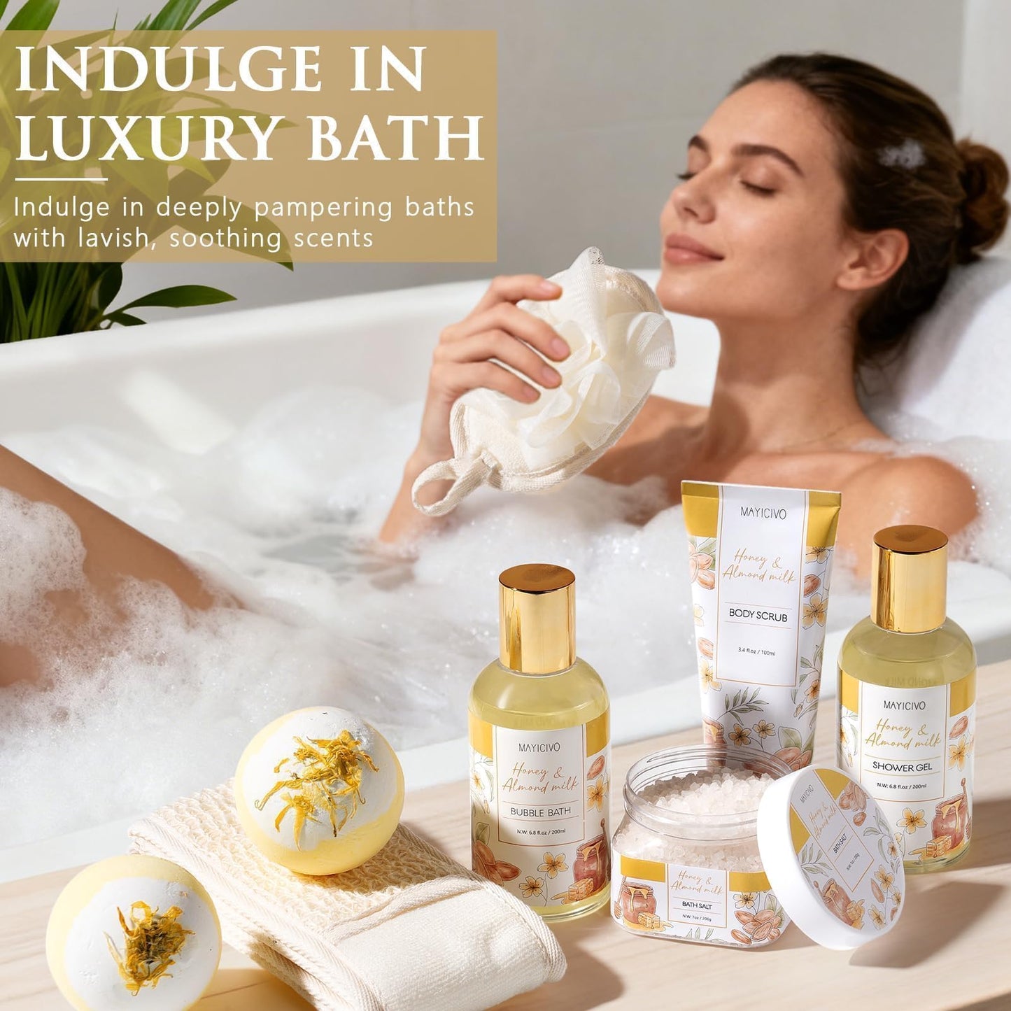 Mothers Day Birthday Gifts for Women, Honey & Almond Milk Relaxing Spa Gift Baskets for Women Self Care Package Bath Gift Set, Home Bath and Body Kit Pamper Gifts for Womens Her Mom Friends Sister