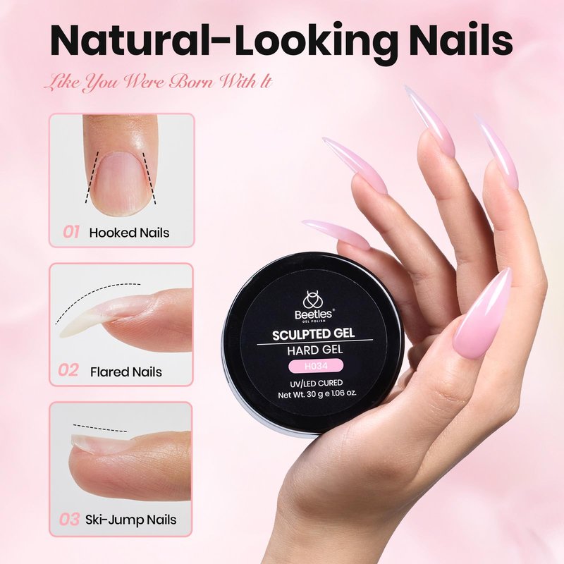 Beetles Hard Gel Nails Kit,3 Colors Clear Nude Pink Sculpted Gel Nail Extension Sculpting High Hardness for Salon Pros Women,Nude Pink & Clear Builder Nail Gel with Medium Oval Tips UV & LED Cured