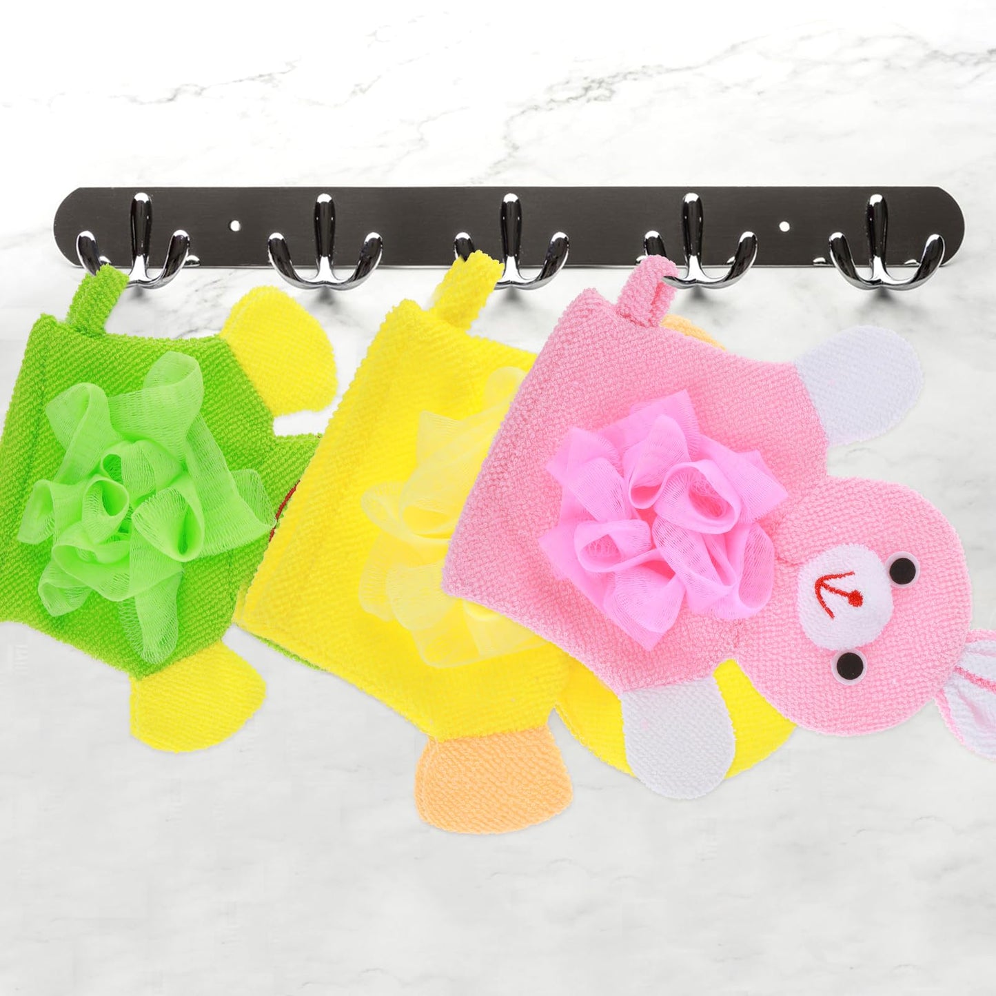 Qianyu 3pcs Bath Mitt Washcloth Glove Exfoliating Glove Body Scrubber Cute Cartoon Design Exfoliating Glove Gentle Soft Scrub Loofah Bath Sponge for Kid Shower Washing Easy Lather (Yellow/Green/Pink)