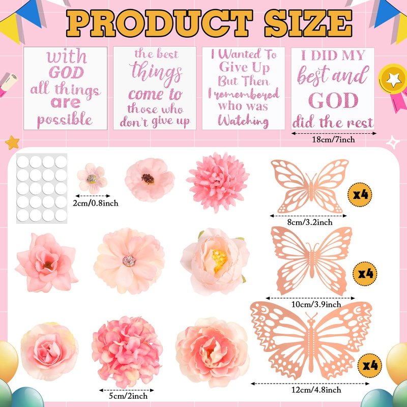 Feifeiya 36 Pcs DIY 2026 Graduation Cap Decorations Accessory Kit Include Faux Flower Heads Graduation Quotes Glitter Stickers 3D Butterfly for Grad Cap Topper DIY Gift(Pink,Inspirational)