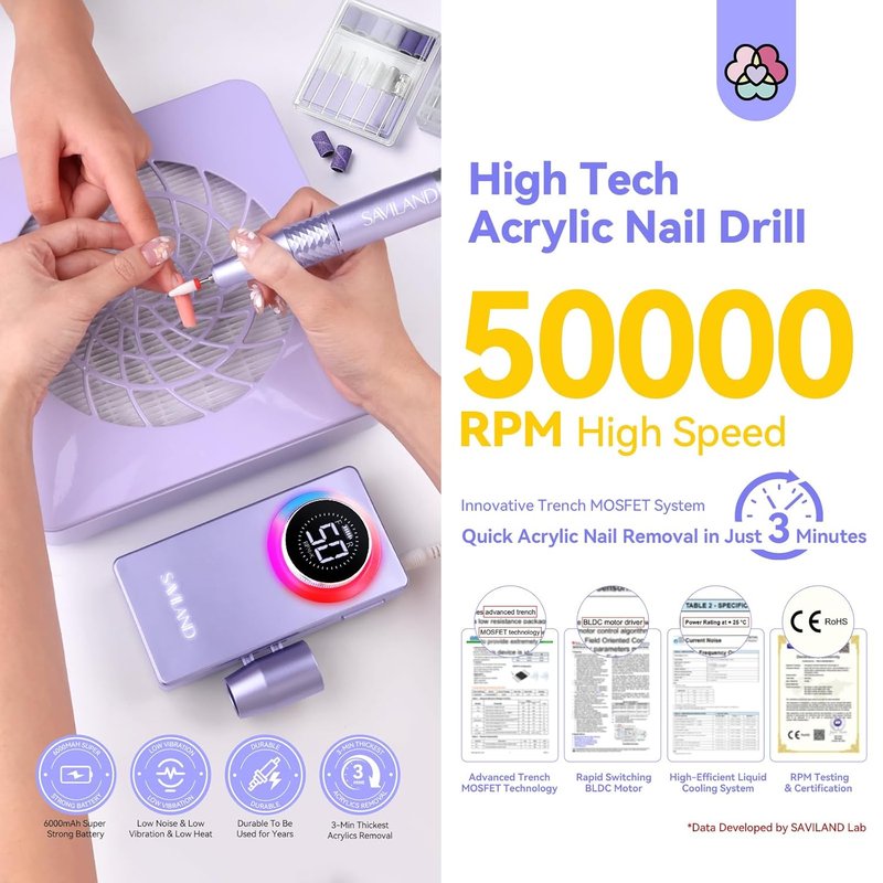 SAVILAND 50000RPM Nail Drill - Fast Electric Acrylic Removal Kit | Rechargeable 6000mAh Professional Manicure Tools