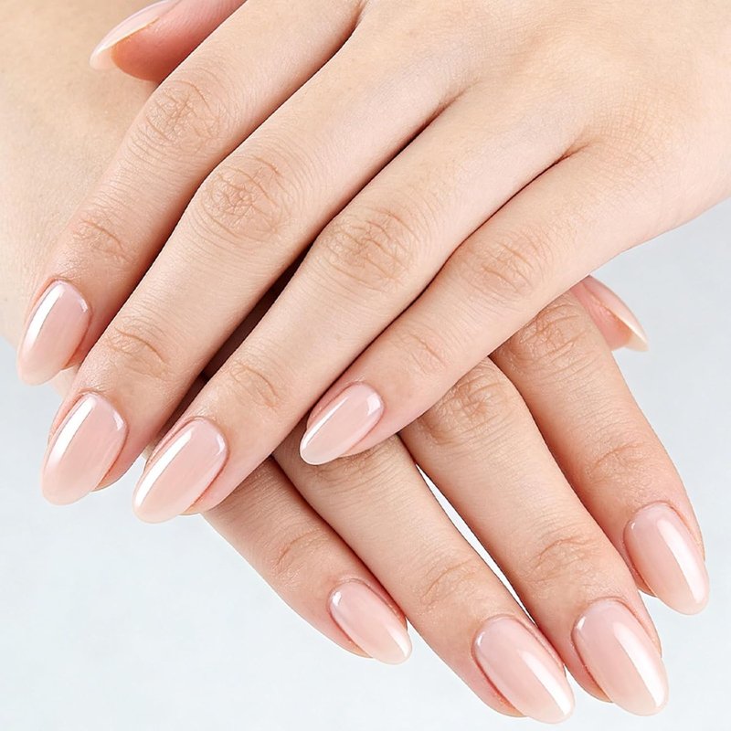 Nude Press on Nails Short Oval Nail Press ons with Natural Glossy Finish Full Cover Solid Color Stick on Nail for Women Manicure 32Pcs
