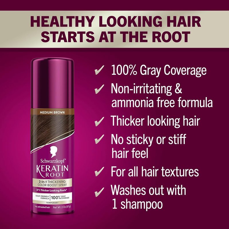 Schwarzkopf Keratin Color Root Spray - Medium Brown Instant Gray Coverage | Easy, Ammonia-Free Application