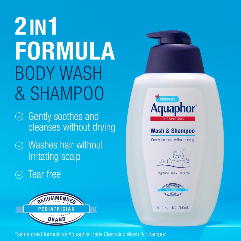 Aquaphor Children's Body Wash and Shampoo, Fragrance Free, Tear Free Shampoo and Body Wash for Kids, From Pediatrician-Recommended Brand, 25.4 Fl Oz Pump Bottle