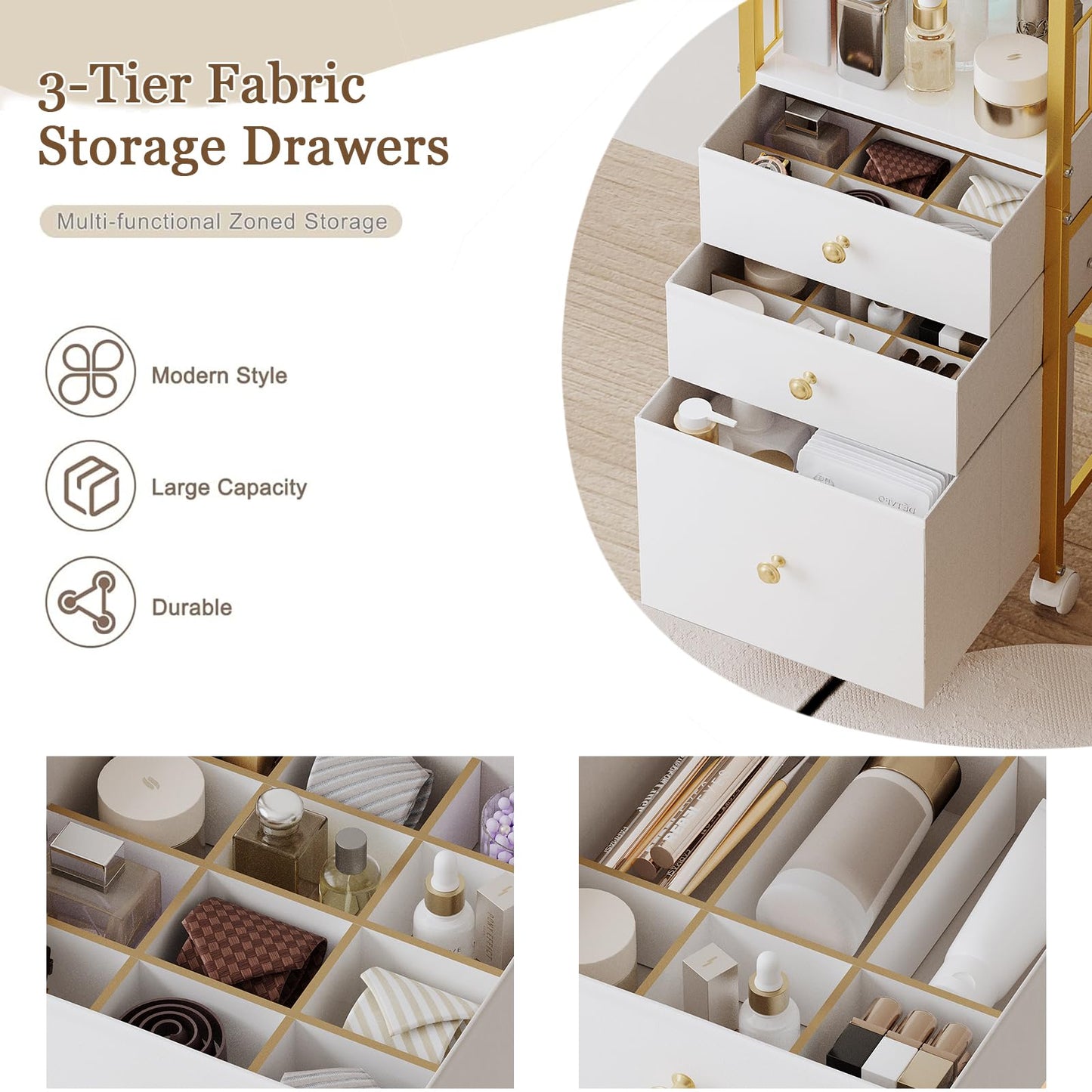 ZQUYAJ Makeup Organizer Cart with 3 Drawers, Jewelry Organizers and Storage for Earring Necklace, Large Vanity Storage Organizer for Skin Care Perfume Make up Brush Nail Polish Hair Tool (Gold)