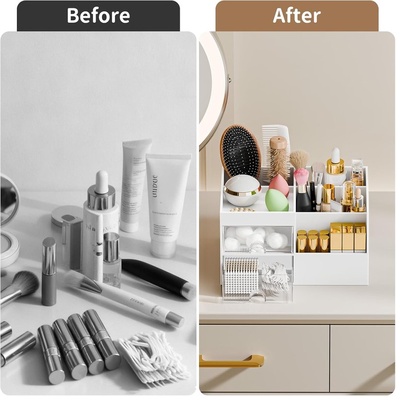 Skiennix Makeup Organizer - 2 Drawer Vanity Storage with Brush Holder | White Countertop Display Case