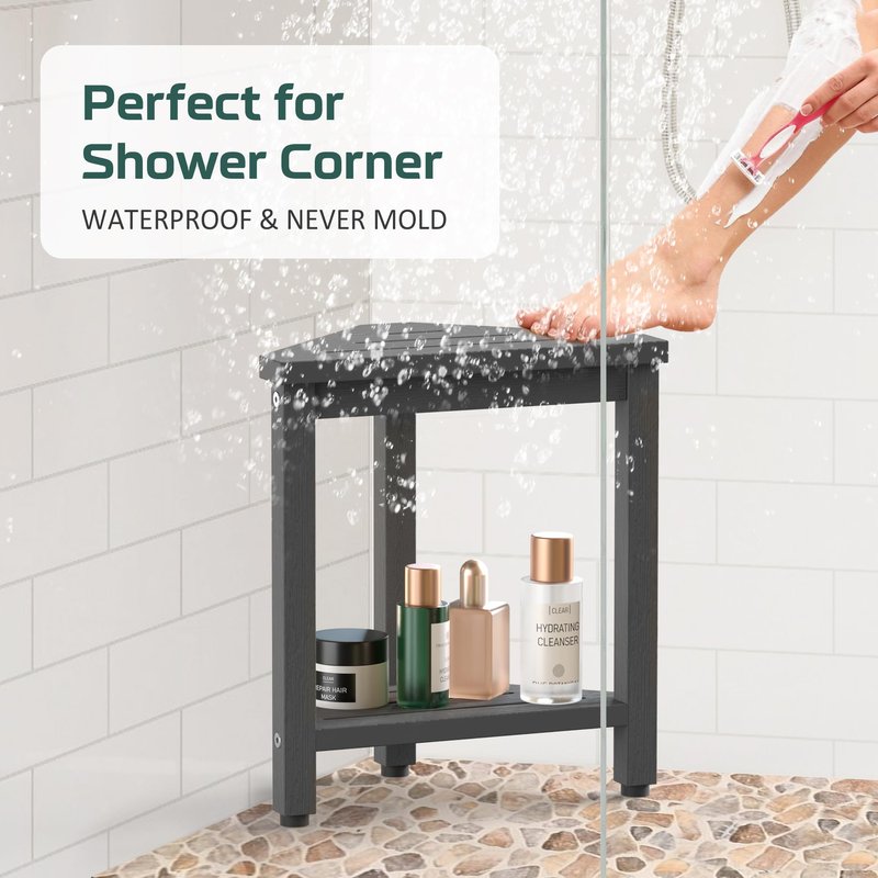 Shower Foot Rest 14in, HIPS Waterproof Shower Stool for Inside Shower, Corner Shower Stool for Shaving Legs with Storage Shelf, Shower Step Stool for Small Space, Plastic Corner Shower Bench, Grey
